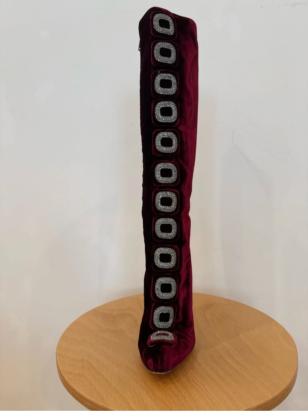 Manolo Blahnik Velvet Over-the-Knee Boot in Deep Burgundy with embellishment